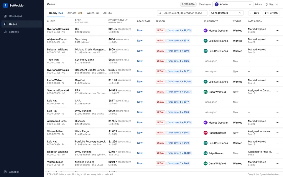 The Settleable queue, Ready tab: every debt that can fund a settlement today, with the estimated settlement before fees, the payment plan, a reason chip, who owns it, and its status.