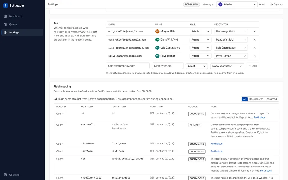Settings, the Team table: who may sign in with Microsoft, as an admin or an agent, and which negotiator each person is.