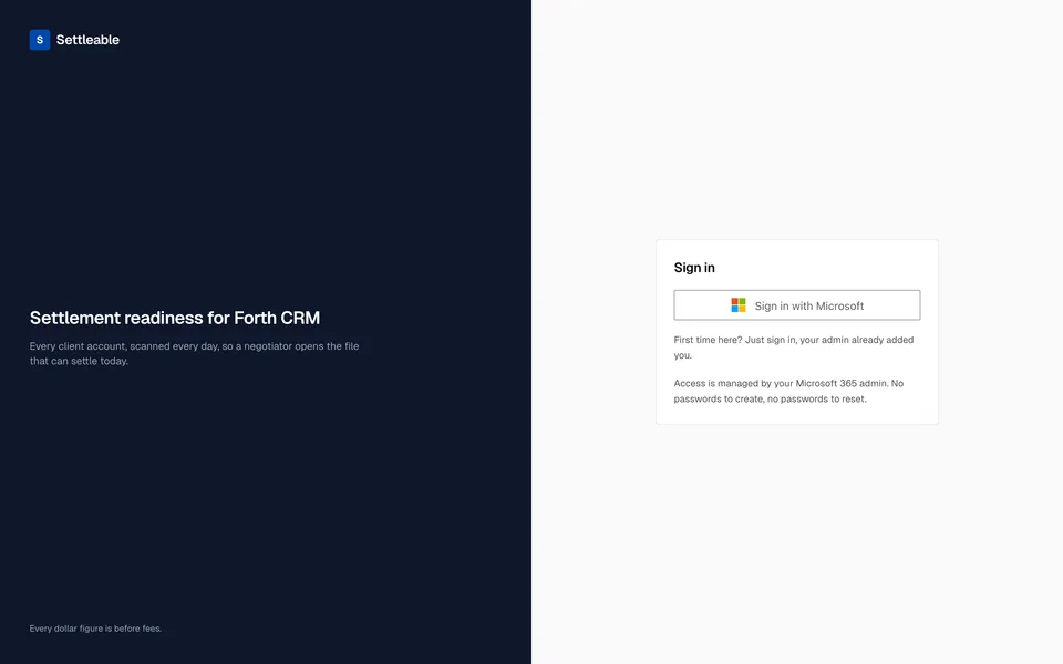 The Settleable sign-in page: one Sign in with Microsoft button, and the line: access is managed by your Microsoft 365 admin, no passwords to create, no passwords to reset.
